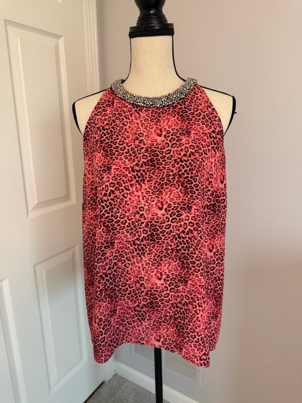 Jennifer Lopez Pink Leopard Halter Top with Beaded Neckline